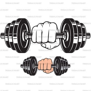 Mano sosteniendo mancuernas (barra). Gimnasio, culturismo o diseño deportivo. Puño. Cortar archivos para Cricut. Imágenes prediseñadas (eps, svg, pdf, png, dxf, jpeg).