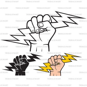 May include: Two fists holding a yellow lightning bolt. One fist is black and the other is a skin tone color.