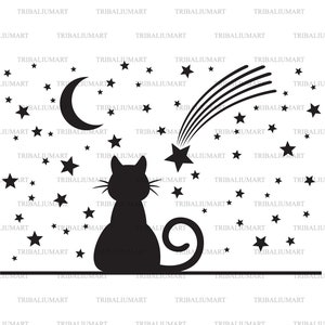 Kat, maan en sterren. Knip bestanden voor Cricut. Illustraties silhouetten (eps, svg, pdf, png, dxf, jpeg).