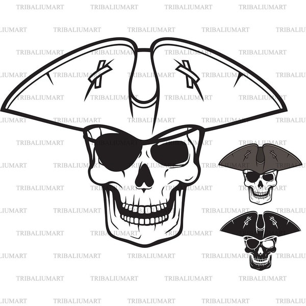 Pirate Skull, Triangle Hat and Eye Patch. Cut files for Cricut. Clip Art silhouettes (eps, svg, pdf, png, dxf, jpeg).