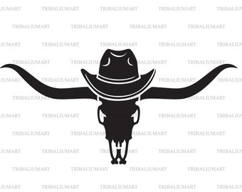 Longhorn skull and cowboy hat. Cut files for Cricut. Clip Art silhouette (eps, svg, pdf, png, dxf, jpeg).