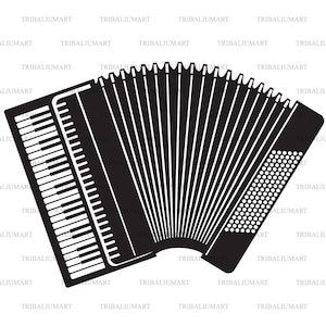 Puede incluir: Un acordeón blanco y negro con un teclado y un fuelle. El acordeón está plegado.