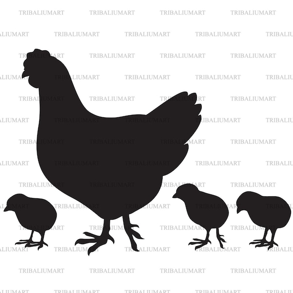 Mama hen and  baby chicks (mom, chicken, farm design). Cut files for Cricut. Clip Art silhouettes (eps, svg, pdf, png, dxf, jpeg).