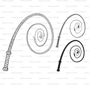 May include: Three black and white illustrations of a braided leather whip. The whips are coiled in a spiral shape.