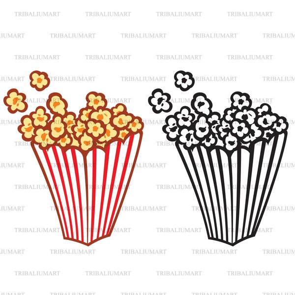 Movie theater popcorn in a striped tub. Cut files for Cricut. Clip Art (eps, svg, pdf, png, dxf, jpeg).