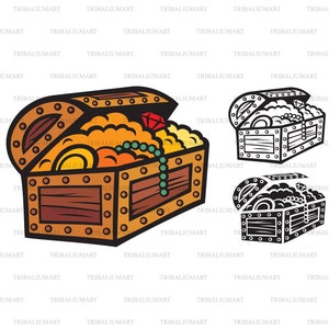 Baú de tesouro. Cortar arquivos para Cricut. Silhueta de clipart (eps, svg, pdf, png, dxf, jpeg).