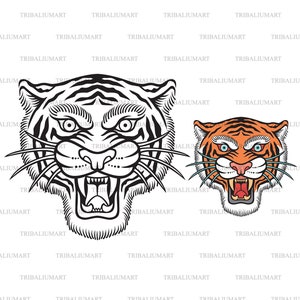 Traditionele tijgerkop. Old school tattoo ontwerp. Aziatische wilde kat. Knip bestanden voor Cricut. Clip Art silhouet (eps, svg, pdf, png, dxf, jpeg).