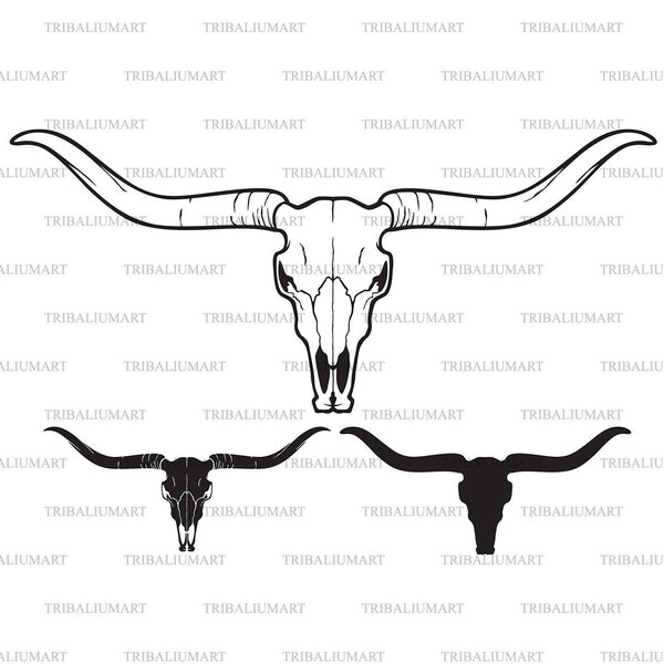 Longhorn head skull (bull or cow icon). Cut files for Cricut. Clip Art silhouette (eps, svg, pdf, png, dxf, jpeg).