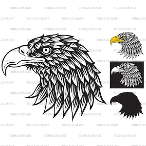 May include: A black and white illustration of an eagle's head with a detailed feathered design. The eagle is looking to the right. There are three additional images of the eagle's head in different styles, including a black and white version with a yellow beak, a black and white version with a black beak, and a black silhouette.