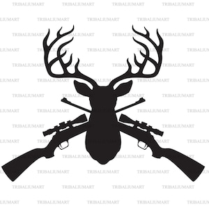 Cabeça De Cervo E Rifles De Caça Cruzados. Cortar arquivos para Cricut. Silhueta de clipart (eps, svg, pdf, png, dxf, jpeg).