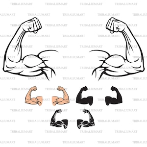 Flexión de dos músculos bíceps (brazo que muestra poder, culturista, diseño de fitness, bíceps). Cortar archivos para Cricut (eps, svg, pdf, png, dxf, jpeg).