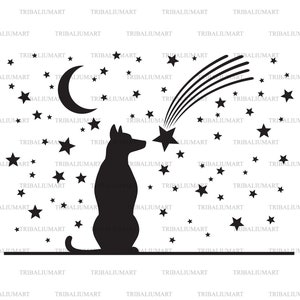 Hond, maan en sterren. Knip bestanden voor Cricut. Illustraties silhouetten (eps, svg, pdf, png, dxf, jpeg).