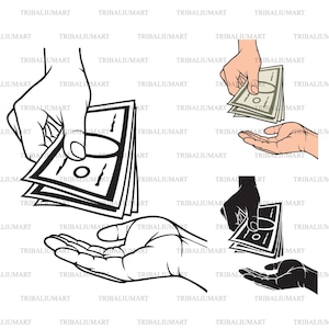 Handen geven en ontvangen van geld. Knip bestanden voor Cricut. Clip Art silhouetten (eps, svg, pdf, png, dxf, jpeg).