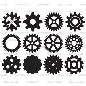 May include: A collection of black gear illustrations in various designs. Some gears have internal spokes, while others have external teeth. One gear features a wrench and hammer. The gears are arranged on a white background.