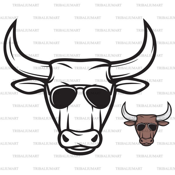 Bull head with aviator sunglasses. Cut files for Cricut. Clip Art silhouette (eps, svg, pdf, png, dxf, jpeg).