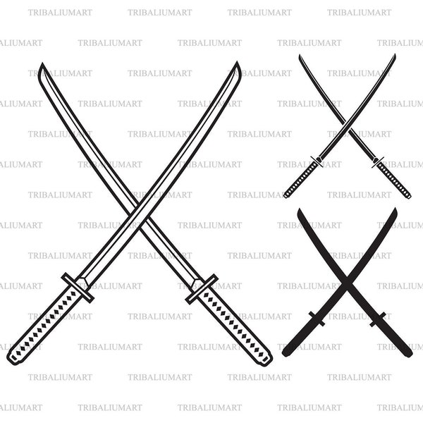 Crossed Katana - Japanese Samurai Sword. Cut files for Cricut. Clip Art silhouettes (eps, svg, pdf, png, dxf, jpeg).