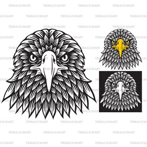 May include: Black and white illustration of an eagle's head with a fierce expression. The eagle's beak is open and its eyes are wide. The illustration is in a tribal style, with intricate details in the feathers.