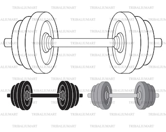May include: A black and white line drawing of a dumbbell with three different views of the dumbbell. The first view is a side view of the dumbbell with the weights on either end. The second view is a close-up of the left weight with a black and white color scheme. The third view is a close-up of the right weight with a gray and white color scheme.