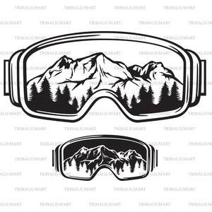 Könnte beinhalten: Schwarz-weiß-Illustration einer Skibrille mit einer Berglandschaft, die sich in den Gläsern spiegelt. Die Brille hat einen dicken schwarzen Rahmen und ein Band.