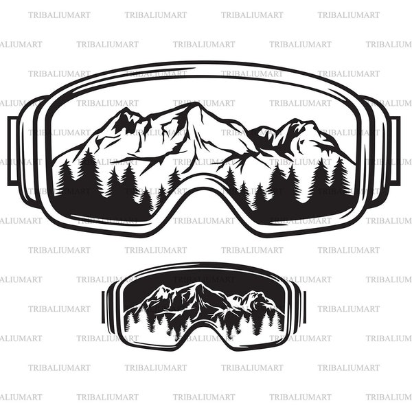 Ski Goggles with Mountains Landscape(Winter Sport Glasses). Cut files for Cricut. Clip Art (eps, svg, pdf, png, dxf, jpeg).