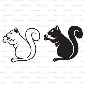 May include: A black and white illustration of two squirrels holding nuts. One squirrel is facing left and the other is facing right.