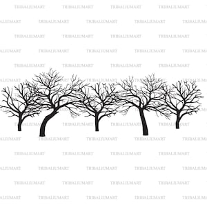 Groep enge naakte zwarte bomen zonder bladeren (vlakke en ungrouped versie). Cut bestanden voor Cricut (eps, svg, pdf, png, dxf, jpeg).