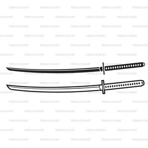May include: Two black and white illustrations of a katana sword with a diamond patterned handle. The swords are drawn in a traditional Japanese style.