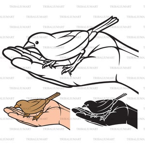 Vogel in de hand. Knip bestanden voor Cricut. Clip Art silhouet (eps, svg, pdf, png, dxf, jpeg).