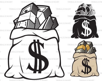 Money bag with dollar sign. Cut files for Cricut. Clip Art silhouettes (eps, svg, pdf, png, dxf, jpeg).