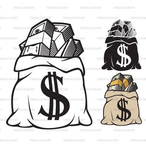 Borsa soldi con segno del dollaro. Taglia i file per Cricut. Sagome di clip art (EPS, SVG, PDF, PNG, DXF, jpeg).