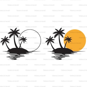 Palm Tree Sunset (Tropical Island Sunset, design estivo, spiaggia silhouette). Taglia i file per Cricut. Clip art (EPS, SVG, PDF, PNG, DXF, jpeg).