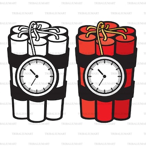 Pode incluir: Dois paus de dinamite de desenho animado com pavios acesos e relógios contando regressivamente. Um pau é preto e branco, o outro é vermelho e branco.