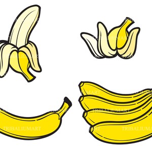 Geschält, geöffnet und Bananen. Dateien für Cricut schneiden. Clip Art (eps, svg, pdf, png, dxf, jpeg).