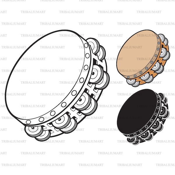 Tambourine music instrument. Cut files for Cricut. Clip Art silhouettes (eps, svg, pdf, png, dxf, jpeg).