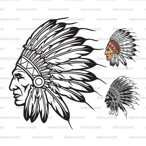 May include: Black and white illustration of two Native American men wearing traditional headdresses with feathers. The men are facing to the left and have a serious expression on their faces.