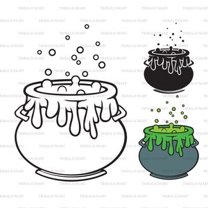 May include: Three illustrations of a cauldron with bubbling green liquid. One cauldron is black and white, one is black, and one is green and grey.