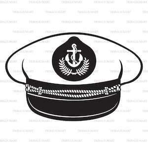May include: A black and white nautical cap with a circular emblem featuring an anchor and laurel leaves. The cap has a curved brim and a rope detail around the base. The design is a vector illustration.