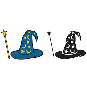 Baguette magique et chapeau de magicien. Couper des fichiers pour Cricut. Clip art silhouette (EPS, SVG, PDF, png, DXF, JPEG).
