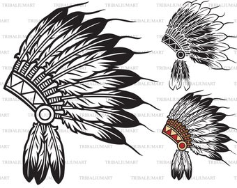Coiffe en chef amérindienne (Indian Warrior). Couper les fichiers pour Cricut. Silhouette clip art (eps, svg, pdf, png, dxf, jpeg).