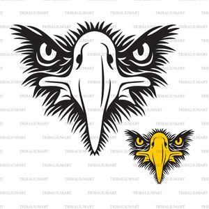 Op de afbeelding: Zwart-witte illustratie van een adelaarskop met een scherpe snavel en intense ogen. De adelaarskop is naar voren gericht met zijn vleugels uitgespreid. Onder de adelaarskop bevindt zich een kleinere illustratie van een adelaarskop met gele accenten.