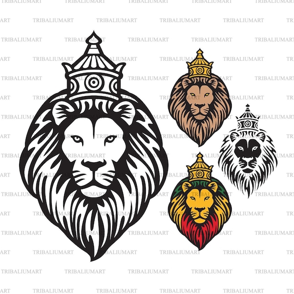 The Lion of Judah Head with Crown (Rastafarian Reggae Symbol).  Cut files for Cricut. Clip Art (eps, svg, pdf, png, dxf, jpeg).