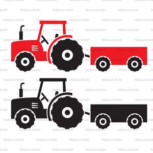 Agricultural tractor and wagon (trailer). Cut files for Cricut. Clip Art silhouettes (eps, svg, pdf, png, dxf, jpeg).