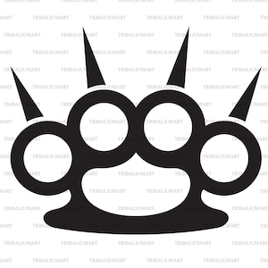 May include: Black metal knuckle duster with four circular holes and four sharp spikes.