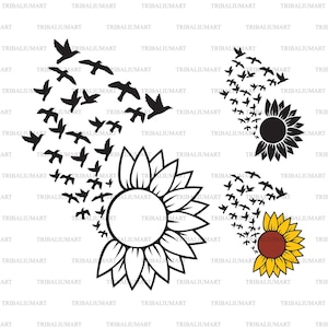 Girassol com bando de pássaros voando. Cortar arquivos para Cricut. Silhueta de clipart (eps, svg, pdf, png, dxf, jpeg).