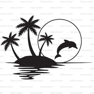 Palmen-Sonnenuntergang und Delphin (Tropical Island Sonnenuntergang, Sommer-Design). Dateien für Cricut ausschneiden. ClipArt (eps, svg, pdf, png, dxf, jpg).