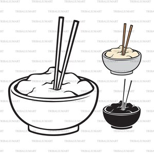 Nourriture chinoise et baguettes (bol de nouilles blanches). Fichiers coupés pour Cricut. Silhouette Clip Art (eps, svg, pdf, png, dxf, jpeg).