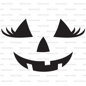 May include: Black silhouette of a jack-o'-lantern face with triangular eyes, nose, and a wide, toothy grin. The design is simple and bold, perfect for Halloween-themed crafts and decorations.
