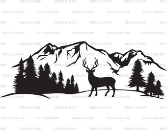 Silhouette of deer and mountain landscape (hunting design). Cut files for Cricut. Clip Art (eps, svg, pdf, png, dxf, jpeg).