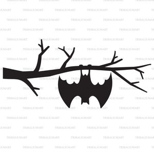 Nietoperz wiszący na drzewie, pliki do cięcia dla Cricut. Sylwetki Clip Art (eps, svg, pdf, png, dxf, jpeg).