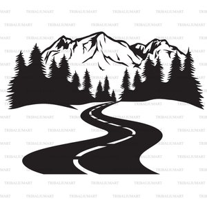 Highway in mountains (forest road). Cut files for Cricut. Clip Art silhouette (eps, svg, pdf, png, dxf, jpeg).